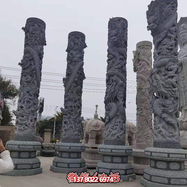 青石浮雕龍柱，精美石雕園林景觀裝飾