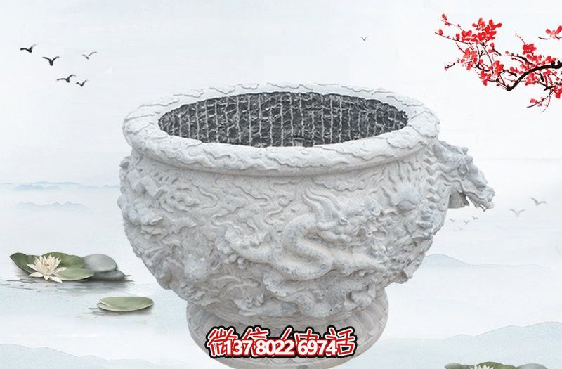 漢白玉石雕龍浮雕水缸雕塑，為庭院增添優雅氣息
